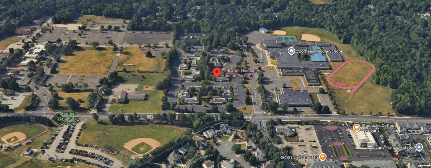 Aerial map of The Pavilions of Voorhees with Park Your Headache marked; opens Google Maps